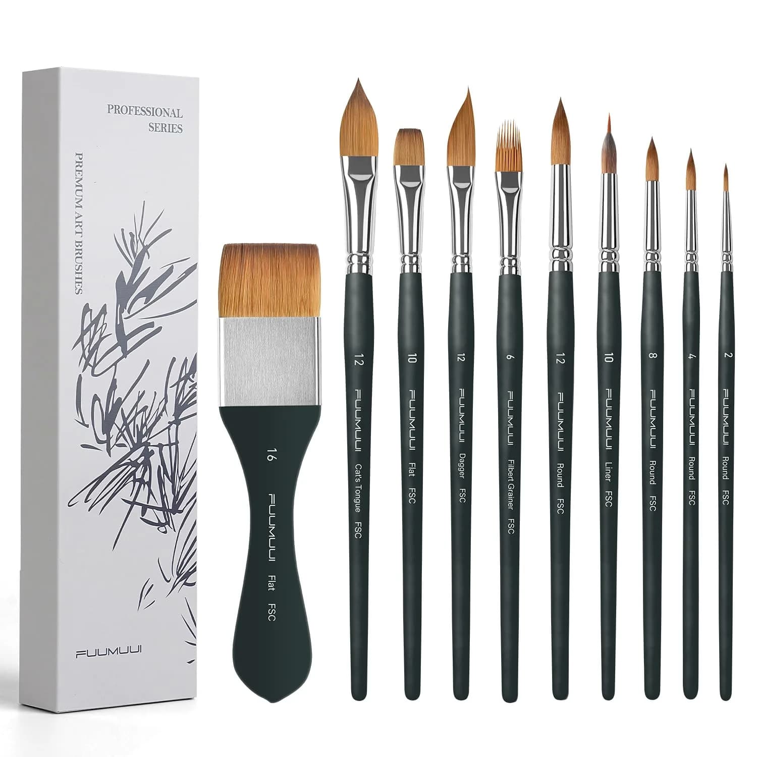 Fuumuui Watercolor Brush Set 10Pcs Synthetic Hair | Artist Paint Brushes for Watercolor, Gouache, Ink — Black10