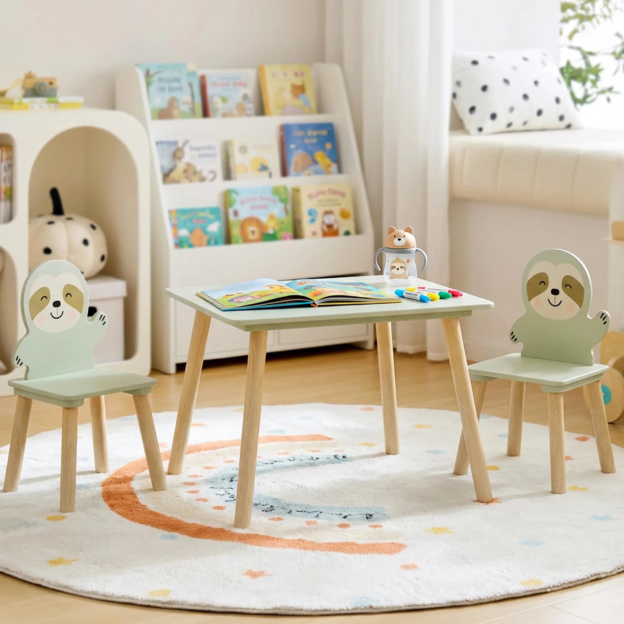 BRITEMART Kids Table and 2 Chairs | Toddler Wooden Stable Set for Ages 3-8