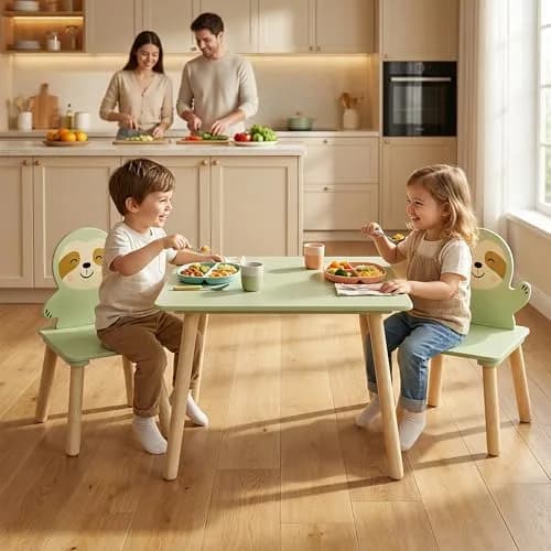 BRITEMART Kids Table and 2 Chairs | Toddler Wooden Stable Set for Ages 3-8 thumbnail 6