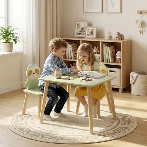 BRITEMART Kids Table and 2 Chairs | Toddler Wooden Stable Set for Ages 3-8 thumbnail 7