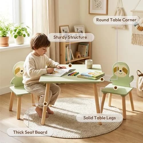 BRITEMART Kids Table and 2 Chairs | Toddler Wooden Stable Set for Ages 3-8 thumbnail 2