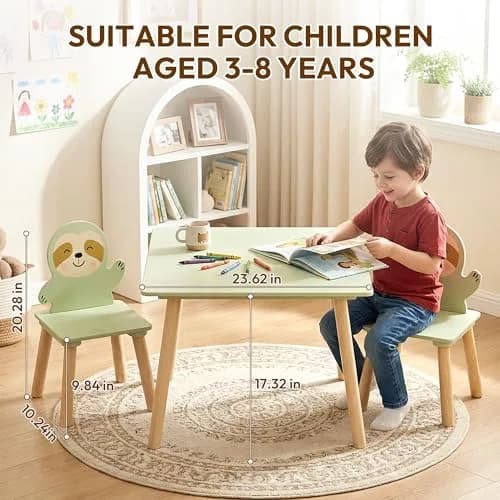 BRITEMART Kids Table and 2 Chairs | Toddler Wooden Stable Set for Ages 3-8 thumbnail 3