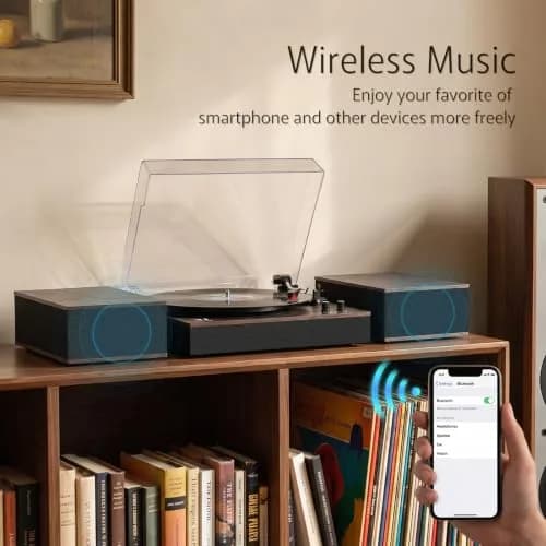 M MUSIC PUBLIC KINGDOM Bluetooth Record Player Turntable 3-Speed Belt-Drive Vinyl System with Bookshelf Speakers | Wireless & Auto-Stop thumbnail 2