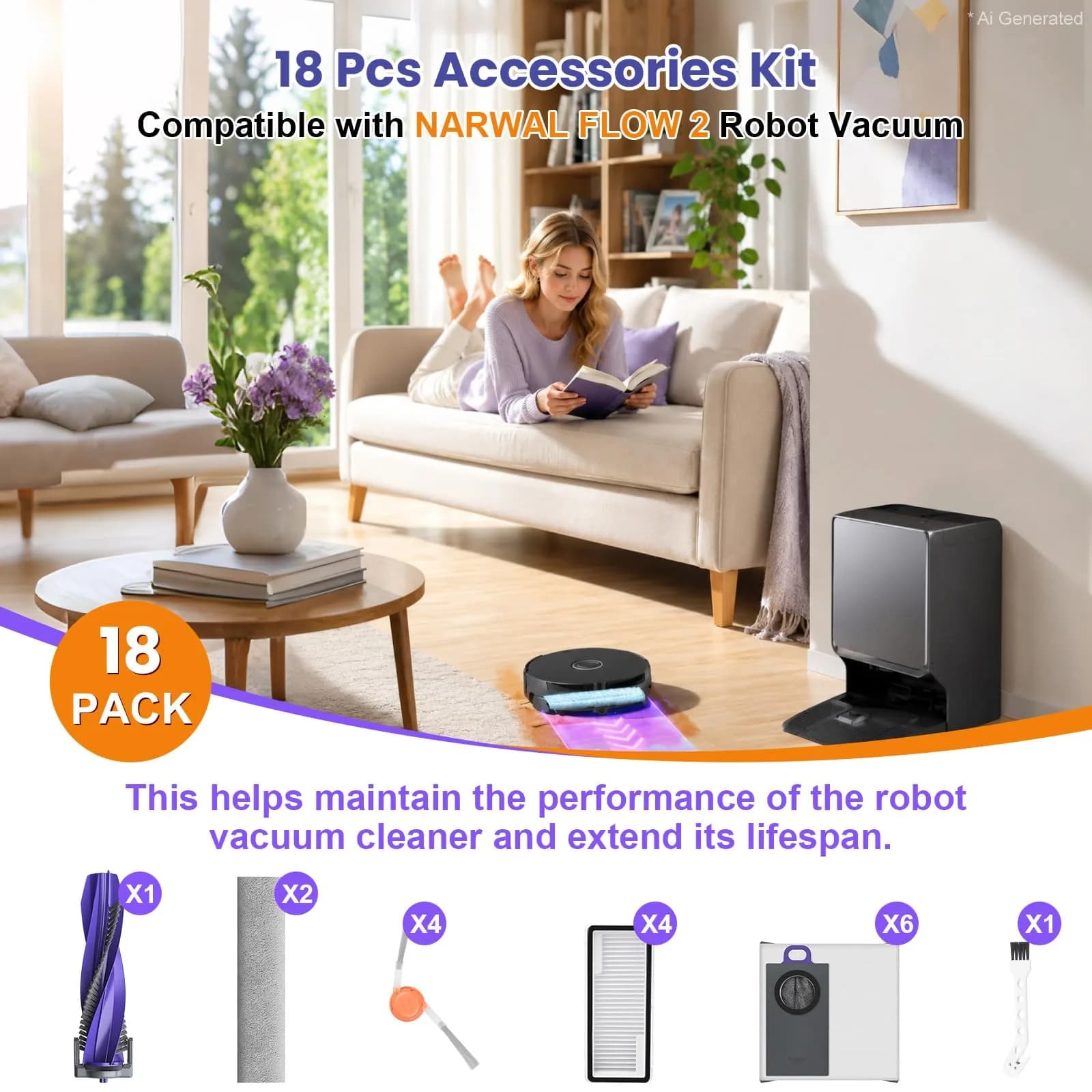 BTRSOLUS 18 Pcs Accessories Kit for NARWAL FLOW 2 Robot Vacuum | Complete Replacement Set with HEPA Filters, Dust Bags, Mops & Brushes - view 8