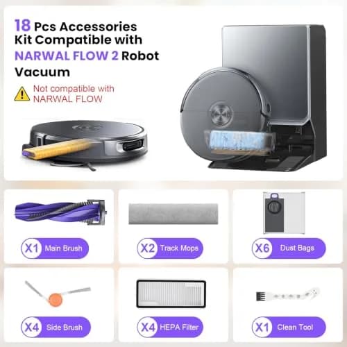 BTRSOLUS 18 Pcs Accessories Kit for NARWAL FLOW 2 Robot Vacuum | Complete Replacement Set with HEPA Filters, Dust Bags, Mops & Brushes thumbnail 2