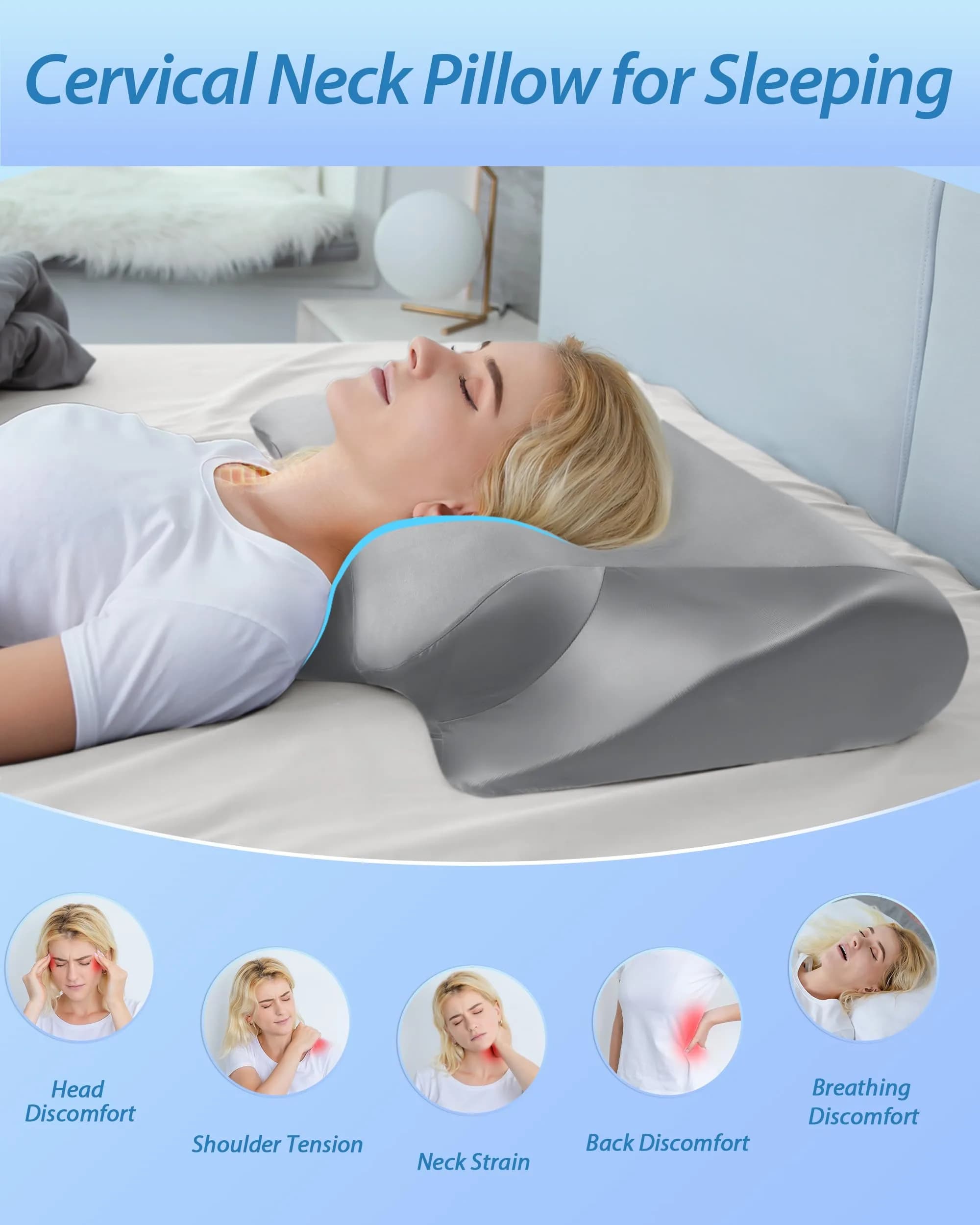 HOMCA 2 in 1 Cervical Pillow 23.6 x 15.7 x 4.7/5.6 inches | CertiPUR-US Certified Memory Foam for Neck Pain Relief - view 3