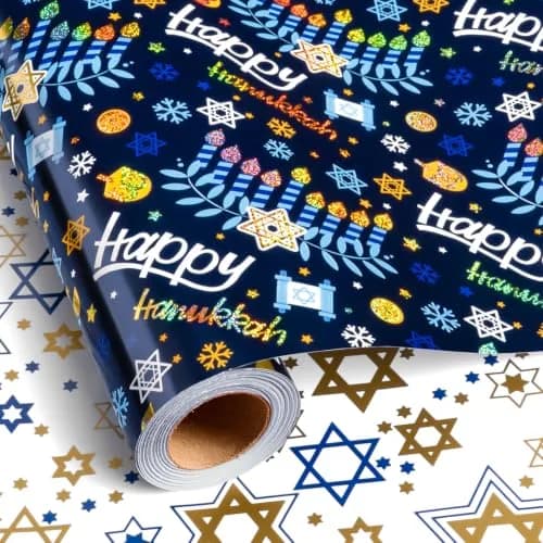 Yarcony Hanukkah Wrapping Paper, Holographic Blue | Reversible Festive Gift Wrap 17in x 33ft thumbnail 1