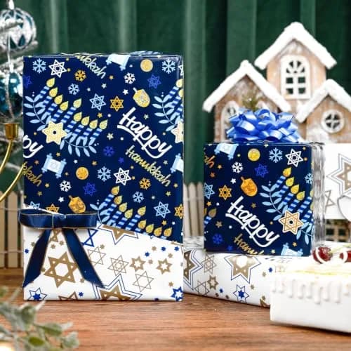 Yarcony Hanukkah Wrapping Paper, Holographic Blue | Reversible Festive Gift Wrap 17in x 33ft thumbnail 6