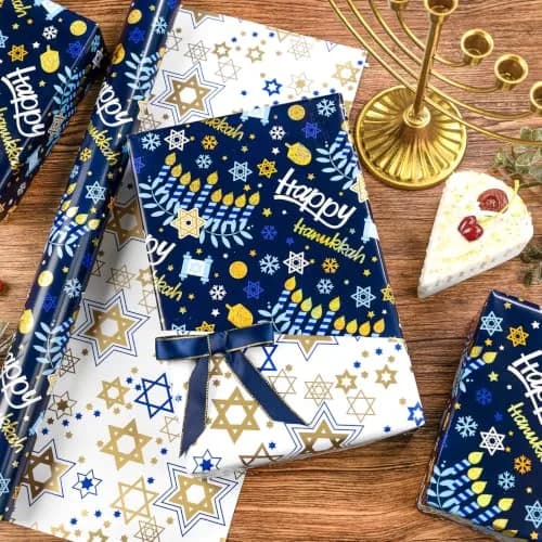 Yarcony Hanukkah Wrapping Paper, Holographic Blue | Reversible Festive Gift Wrap 17in x 33ft thumbnail 3