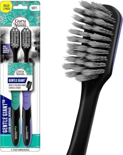 GuruNanda Gentle Giant Charcoal Toothbrush - Dual Action Flossing Spiral Bristles, Non-Slip Ergo Dexa Grip Handle, 12ct (Pack of 6) thumbnail 1