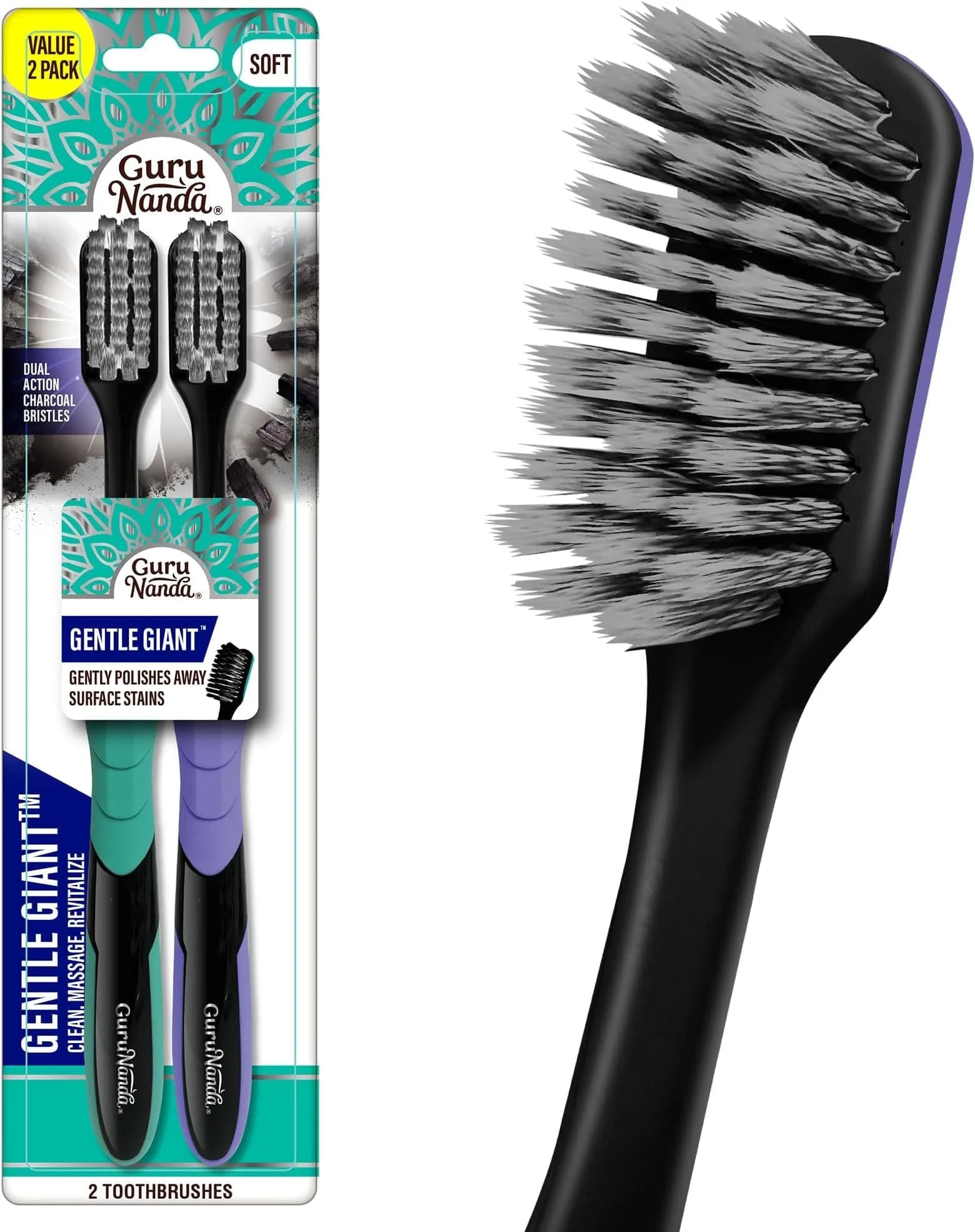 GuruNanda Gentle Giant Charcoal Toothbrush - Dual Action Flossing Spiral Bristles, Non-Slip Ergo Dexa Grip Handle, 12ct (Pack of 6) - main product image