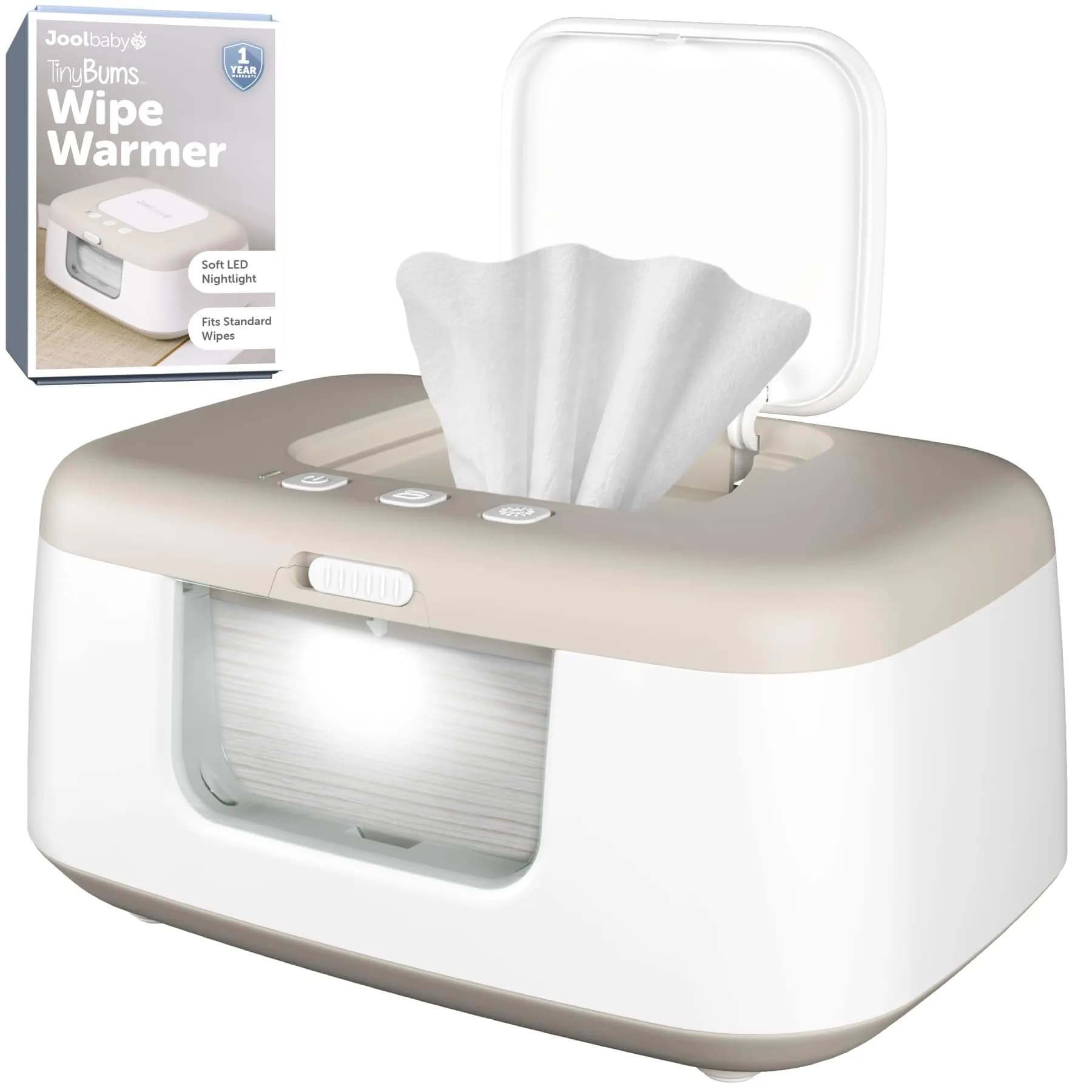 Jool Baby TinyBums Baby Wipe Warmer & Dispenser with LED Changing Light & On/Off Switch (Oatmeal) | Safe Warmth for Diaper Changes