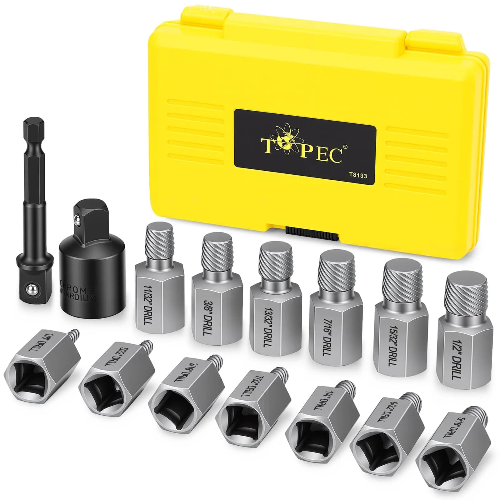 Topec 15-Piece Easy Out Screw Extractor Set 3/8'' Drive | Removes Broken, Rounded, Stripped Bolts & Screws
