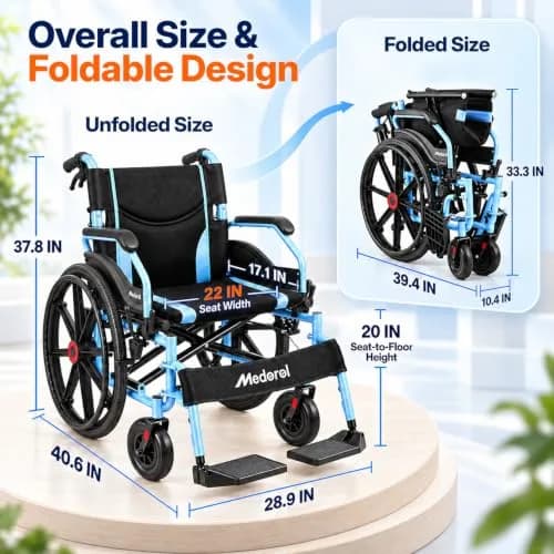 Medorol Wheelchairs for Adults 22 Inch Wide Seat | Heavy Duty 400 lbs Capacity, Foldable, Self-Propelled with Hand Brakes thumbnail 7