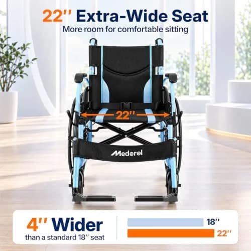 Medorol Wheelchairs for Adults 22 Inch Wide Seat | Heavy Duty 400 lbs Capacity, Foldable, Self-Propelled with Hand Brakes thumbnail 2