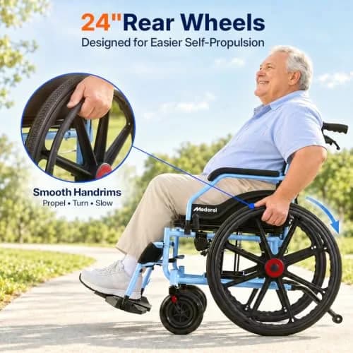 Medorol Wheelchairs for Adults 22 Inch Wide Seat | Heavy Duty 400 lbs Capacity, Foldable, Self-Propelled with Hand Brakes thumbnail 3