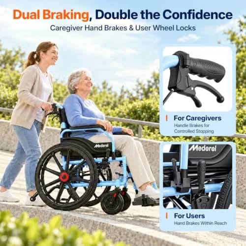 Medorol Wheelchairs for Adults 22 Inch Wide Seat | Heavy Duty 400 lbs Capacity, Foldable, Self-Propelled with Hand Brakes thumbnail 4
