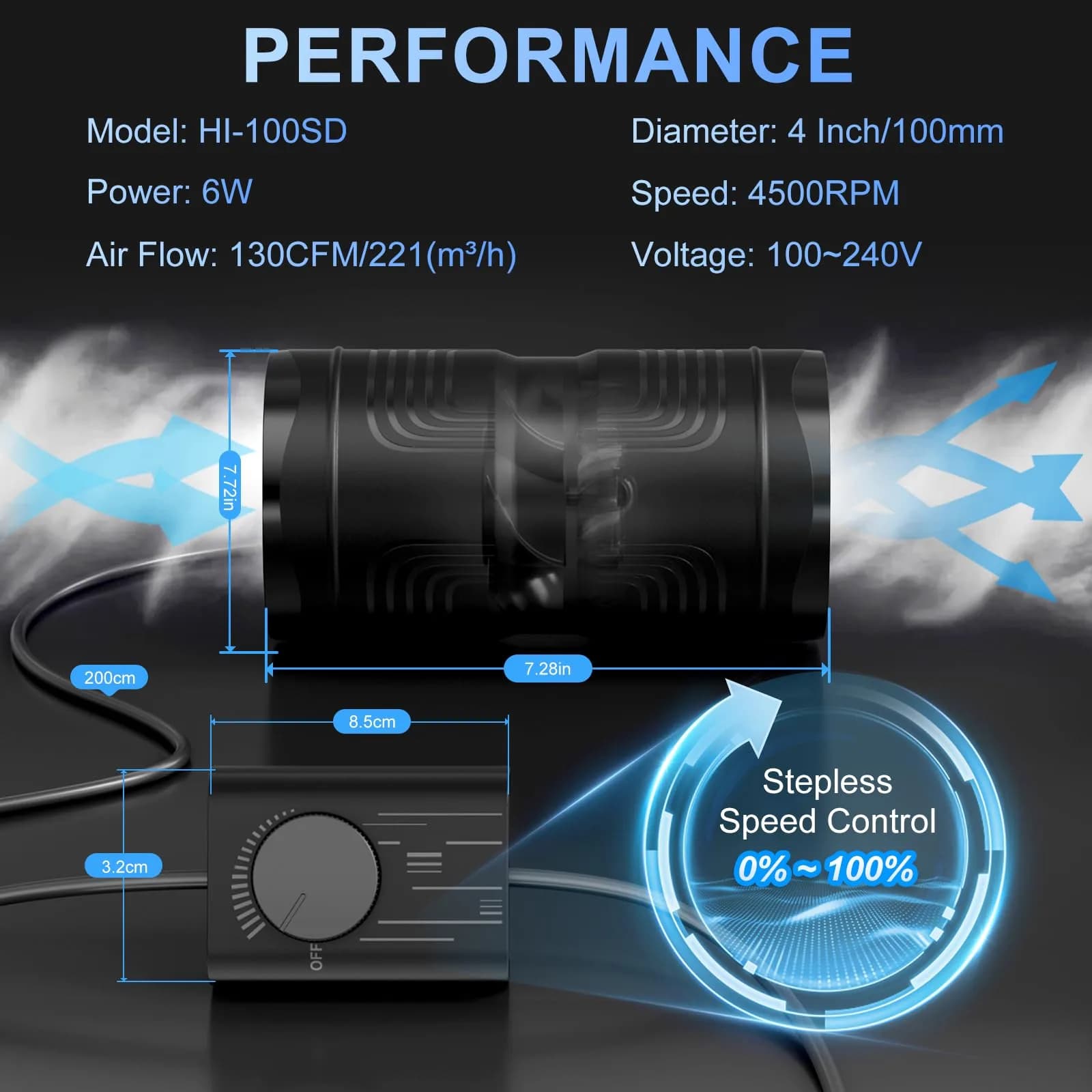 Hon&Guan 4 Inch Inline Duct Fan with Speed Controller | 130 CFM, 6W Low Power, 18.3 cm (7.28 in.) Length - view 6
