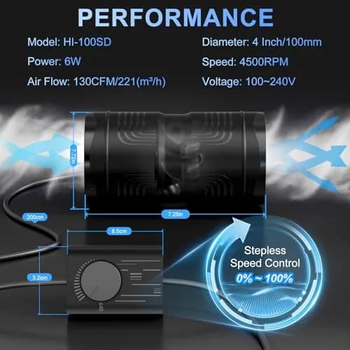 Hon&Guan 4 Inch Inline Duct Fan with Speed Controller | 130 CFM, 6W Low Power, 18.3 cm (7.28 in.) Length thumbnail 6