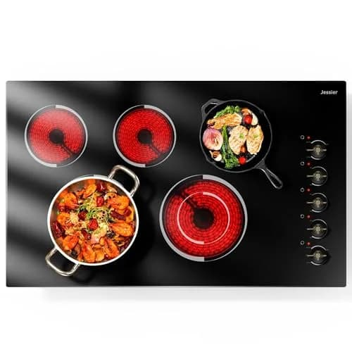 Jessier 36 Inch 5 Burner Electric Cooktop 8400W | 220-240V Drop-In Installation with Knob Control — 36 Inch D58400