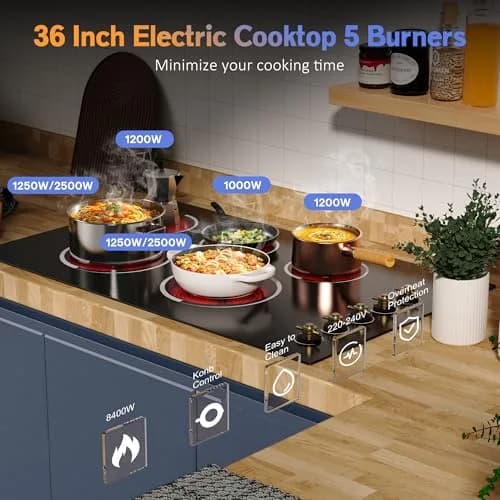 Jessier 36 Inch 5 Burner Electric Cooktop 8400W | 220-240V Drop-In Installation with Knob Control thumbnail 5