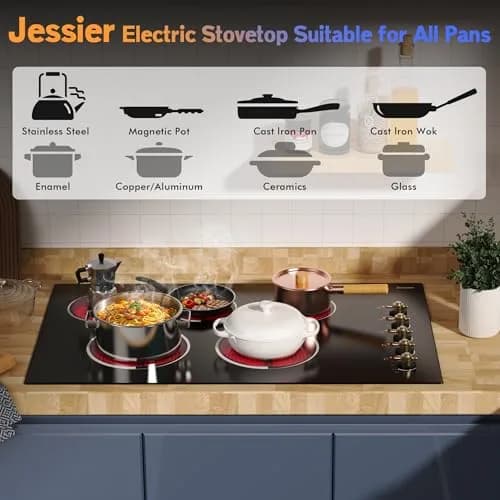 Jessier 36 Inch 5 Burner Electric Cooktop 8400W | 220-240V Drop-In Installation with Knob Control thumbnail 6