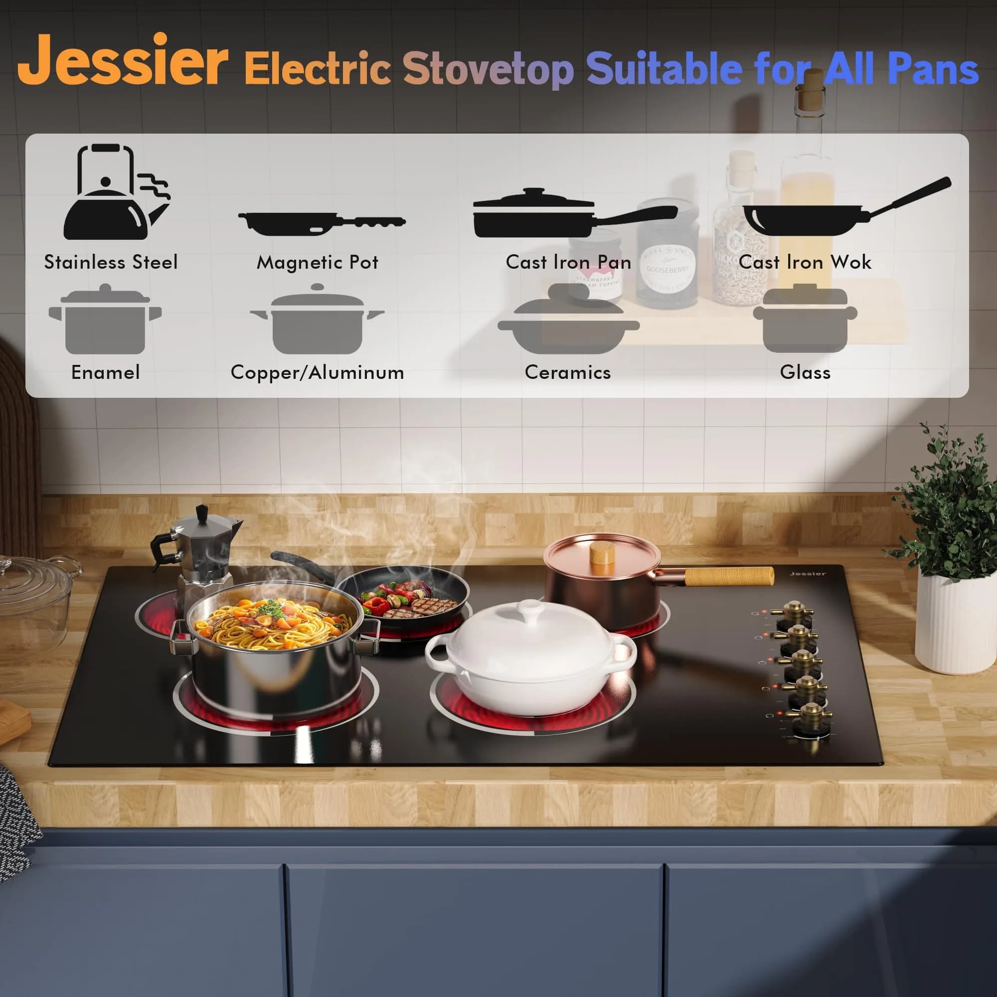 Jessier 36 Inch 5 Burner Electric Cooktop 8400W | 220-240V Drop-In Installation with Knob Control - view 6