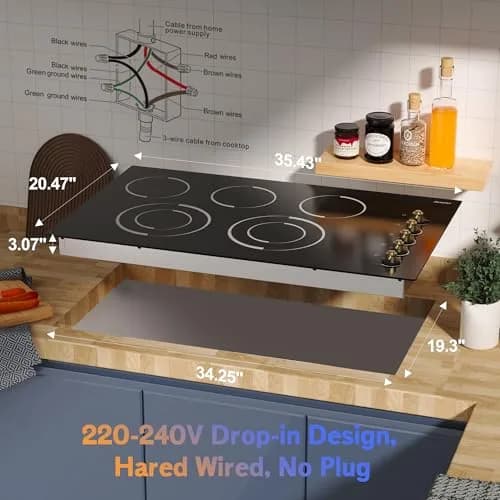 Jessier 36 Inch 5 Burner Electric Cooktop 8400W | 220-240V Drop-In Installation with Knob Control thumbnail 7