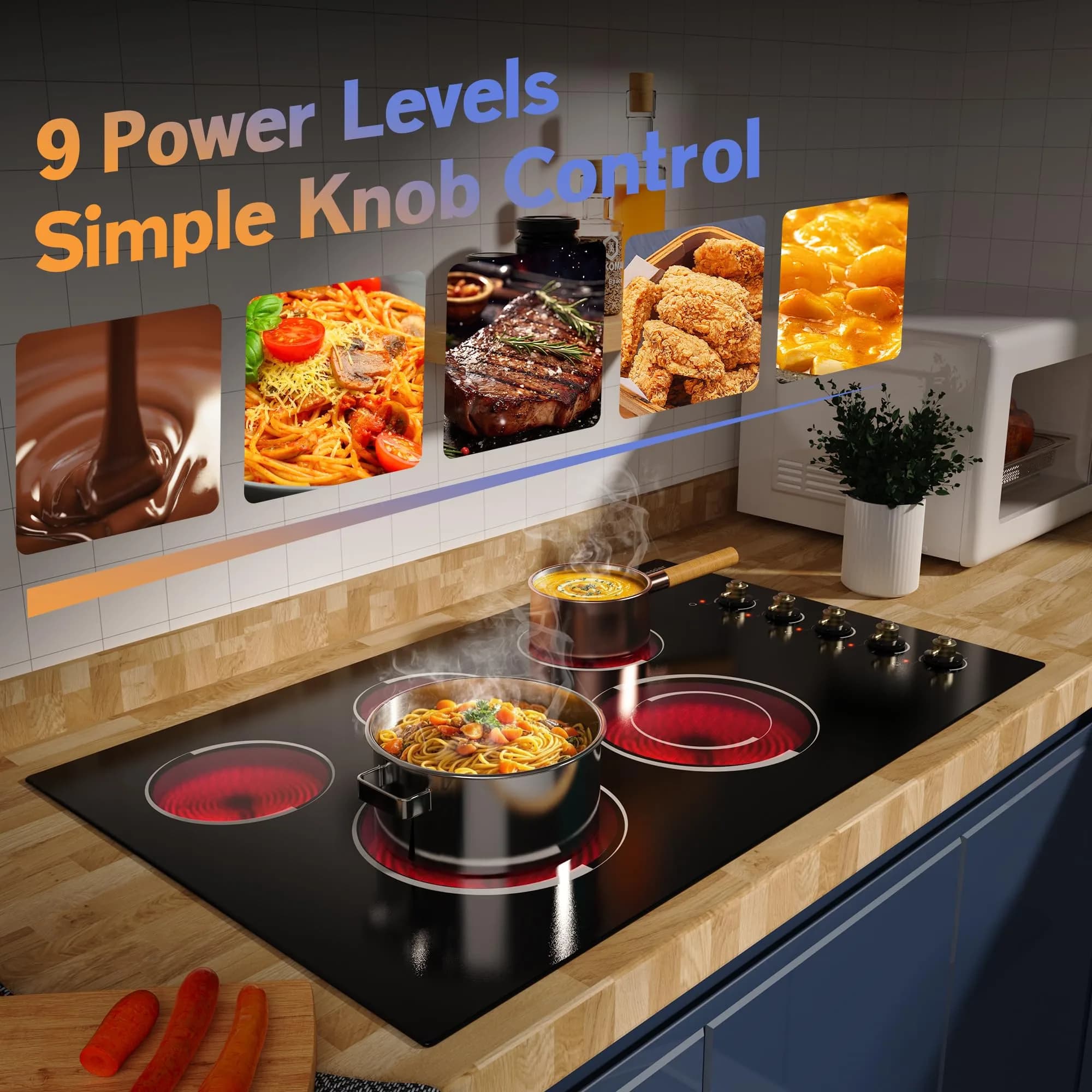 Jessier 36 Inch 5 Burner Electric Cooktop 8400W | 220-240V Drop-In Installation with Knob Control - view 2