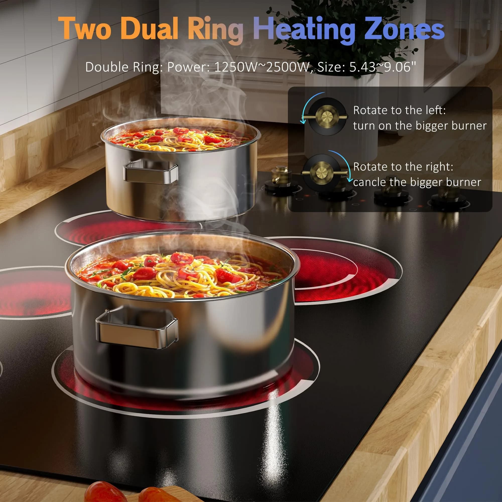 Jessier 36 Inch 5 Burner Electric Cooktop 8400W | 220-240V Drop-In Installation with Knob Control - view 3
