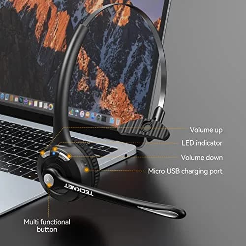 TECKNET Wireless Bluetooth Headset with Noise Cancelling Microphone, Single Ear On-Ear Headphones with Mute Button, Trucker Bluetooth Headset for Driving, Work, Office & Zoom Calls thumbnail 4