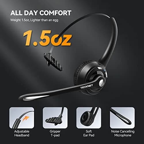 TECKNET Wireless Bluetooth Headset with Noise Cancelling Microphone, Single Ear On-Ear Headphones with Mute Button, Trucker Bluetooth Headset for Driving, Work, Office & Zoom Calls thumbnail 5