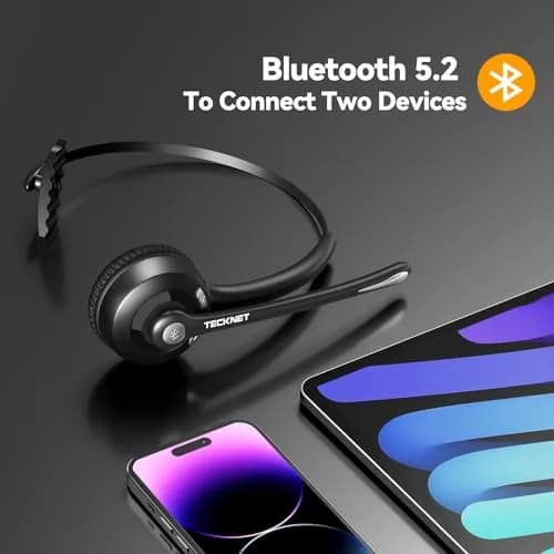 TECKNET Wireless Bluetooth Headset with Noise Cancelling Microphone, Single Ear On-Ear Headphones with Mute Button, Trucker Bluetooth Headset for Driving, Work, Office & Zoom Calls thumbnail 3