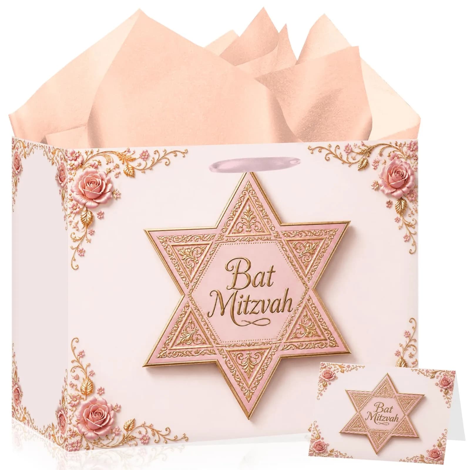 Papmiunm Bat Mitzvah Gift Bag Set Pink Rose Gold Star of David | Elegant Jewish Celebration — PINK BAT MITZVAH