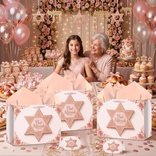 Papmiunm Bat Mitzvah Gift Bag Set Pink Rose Gold Star of David | Elegant Jewish Celebration thumbnail 6