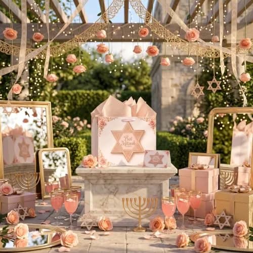 Papmiunm Bat Mitzvah Gift Bag Set Pink Rose Gold Star of David | Elegant Jewish Celebration thumbnail 3