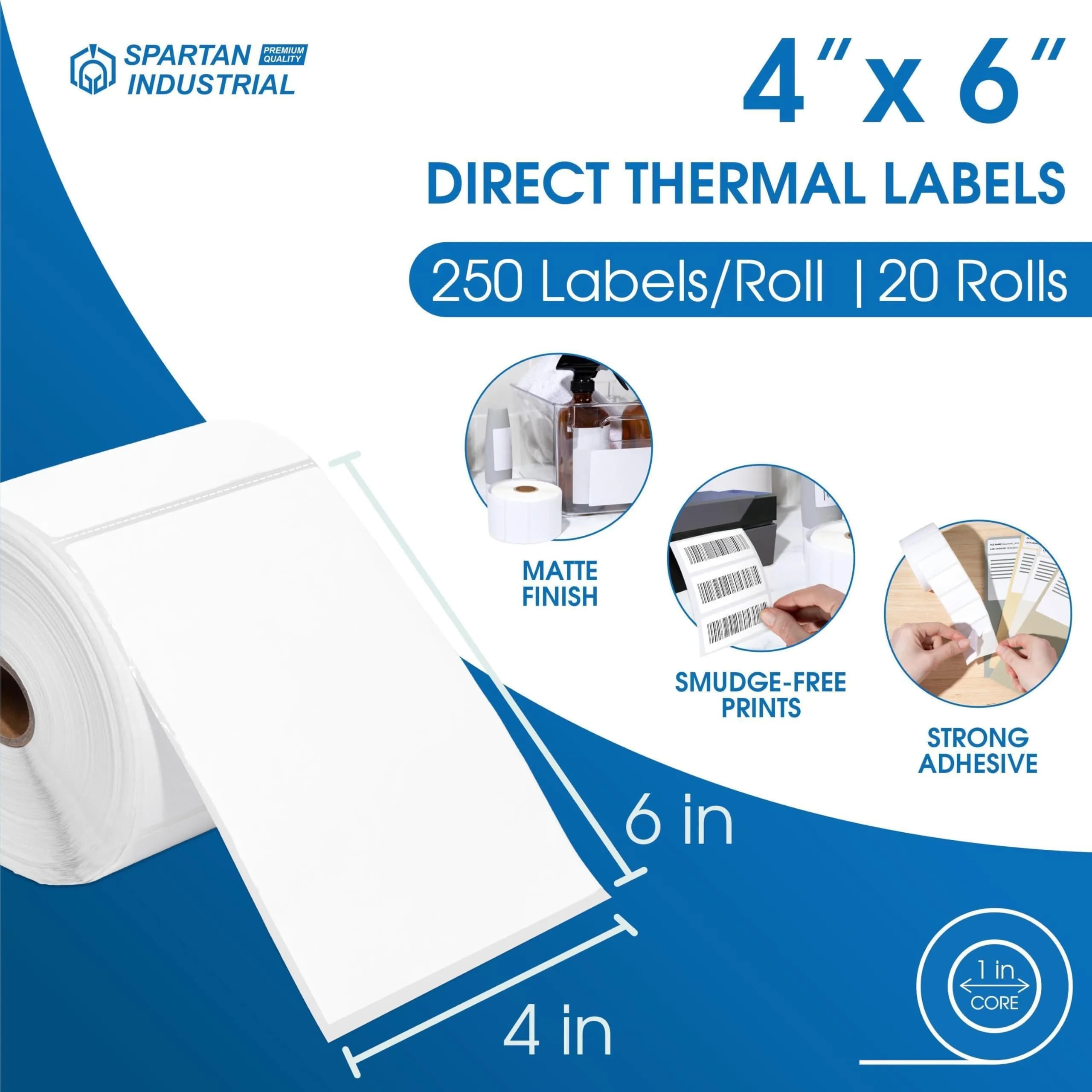 Spartan Industrial 4" x 6" Direct Thermal Labels (5000 Count, 20 Rolls) | Inkless Printing for Shipping & Returns thumbnail 2