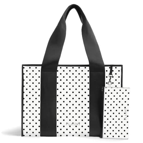 FLAUNT Everyday Tote Bag with Phone Pouch - White Polka Dot | Lightweight, Airline-Approved, Foldable & Washable Large Tote for Women thumbnail 1