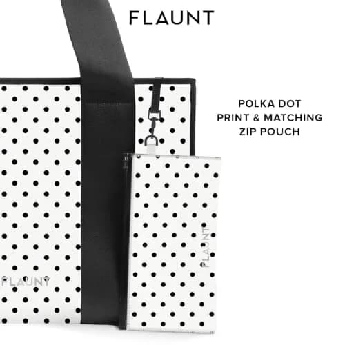 FLAUNT Everyday Tote Bag with Phone Pouch - White Polka Dot | Lightweight, Airline-Approved, Foldable & Washable Large Tote for Women thumbnail 4