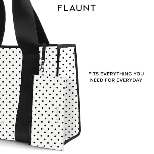 FLAUNT Everyday Tote Bag with Phone Pouch - White Polka Dot | Lightweight, Airline-Approved, Foldable & Washable Large Tote for Women thumbnail 5