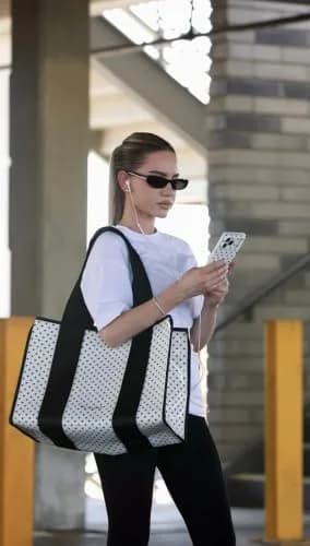 FLAUNT Everyday Tote Bag with Phone Pouch - White Polka Dot | Lightweight, Airline-Approved, Foldable & Washable Large Tote for Women thumbnail 2