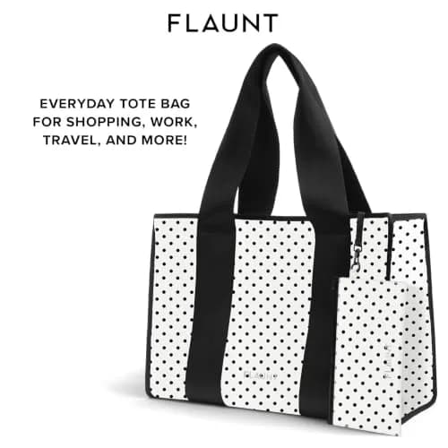 FLAUNT Everyday Tote Bag with Phone Pouch - White Polka Dot | Lightweight, Airline-Approved, Foldable & Washable Large Tote for Women thumbnail 3