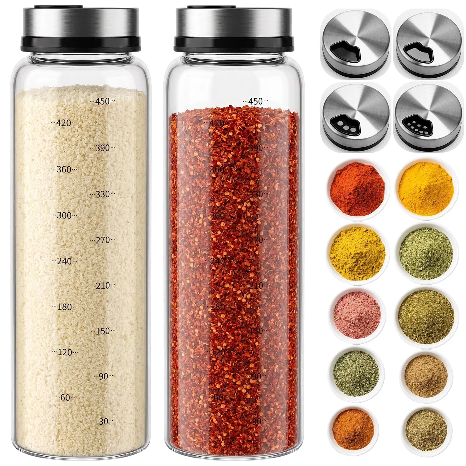 NiHome 2Pack 17oz Glass Spice Shakers Set with Adjustable Lid | Clear Dispenser for Herbs & Spices