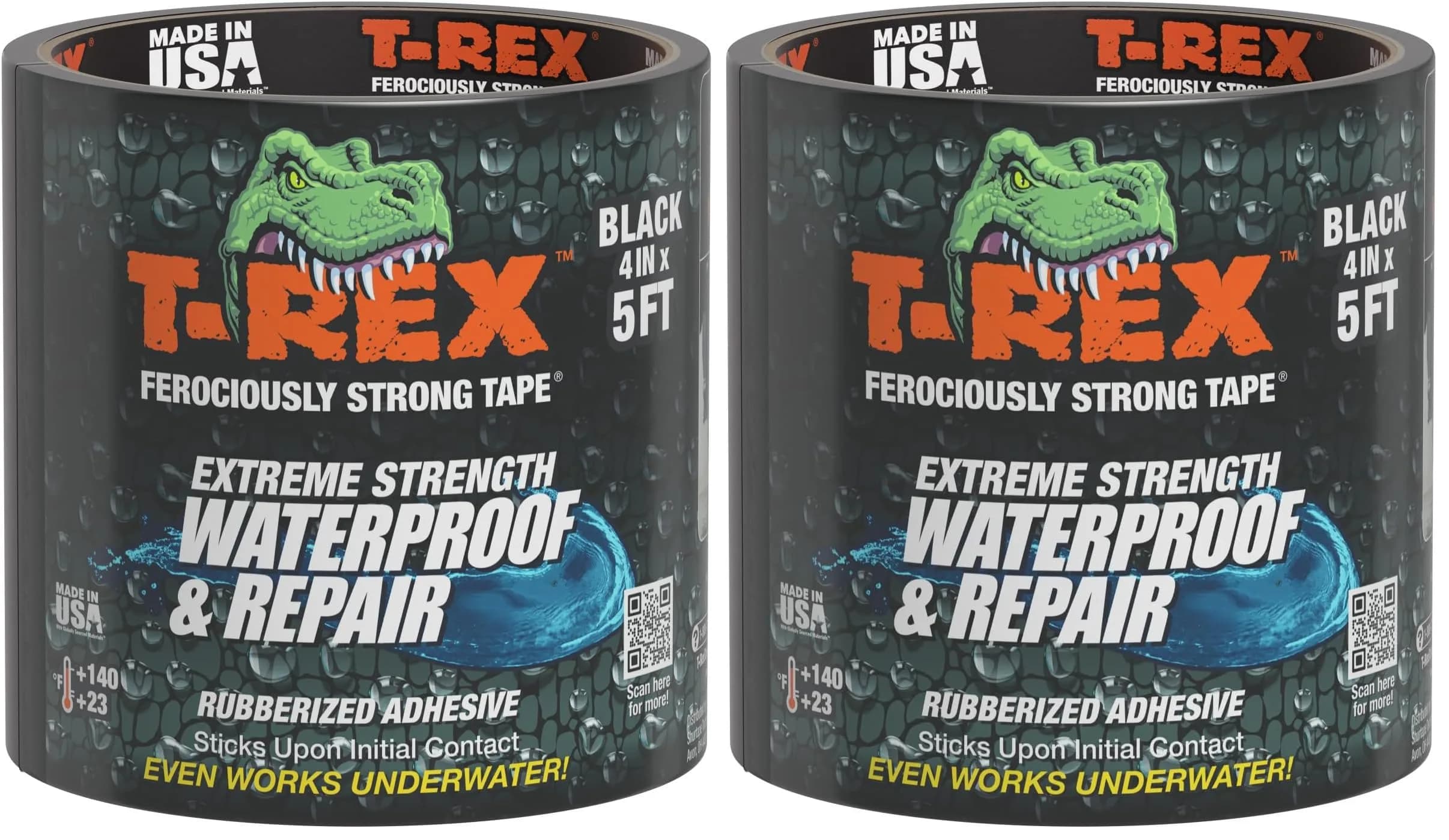 T-REX Heavy Duty Waterproof Repair Tape 4" x 5' Black (Pack of 2) | Bonds to Wet, Dirty, Rough Surfaces — Negro