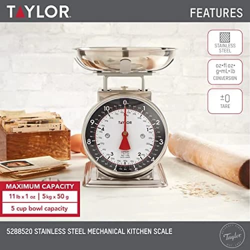 Taylor Mechanical Kitchen Food Scale with Bowl, Weighs up to 5 kg (11 lbs) | Analog Cooking Scale for Baking, Black and Silver (Pack of 2) thumbnail 2