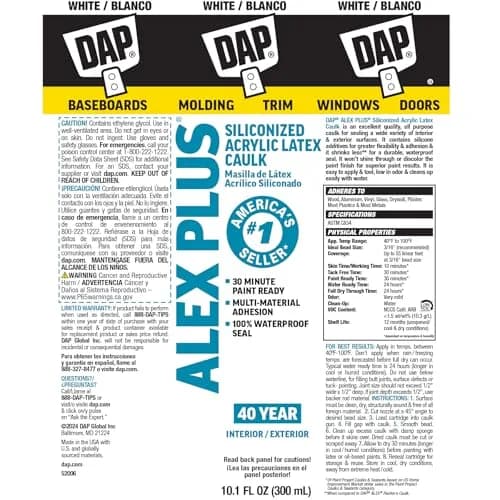 DAP Alex Plus Acrylic Latex Caulk with Silicone, White, 10.1 Oz (121.2 ml) | Pack of 12 thumbnail 8