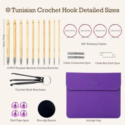 Yarniss Tunisian Bamboo Crochet Hook Set with Swivel Cable 3.5mm-10.0mm | Versatile Bamboo Crochet Kit for All Projects thumbnail 5