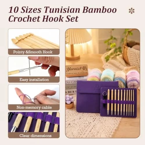 Yarniss Tunisian Bamboo Crochet Hook Set with Swivel Cable 3.5mm-10.0mm | Versatile Bamboo Crochet Kit for All Projects thumbnail 3