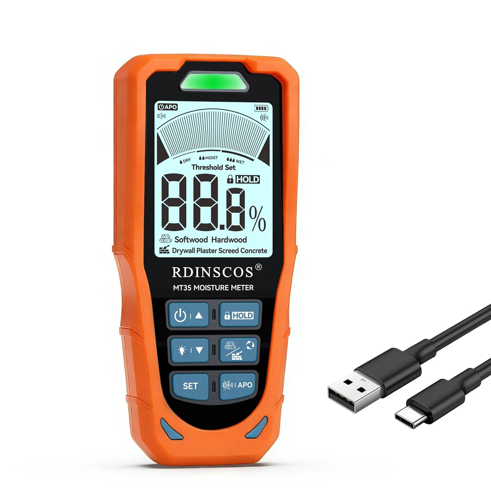 RDINSCOS Pinless Moisture Meter - Bright Orange, 19mm Deep Detection, 6 Modes for Walls & Floors - main product image