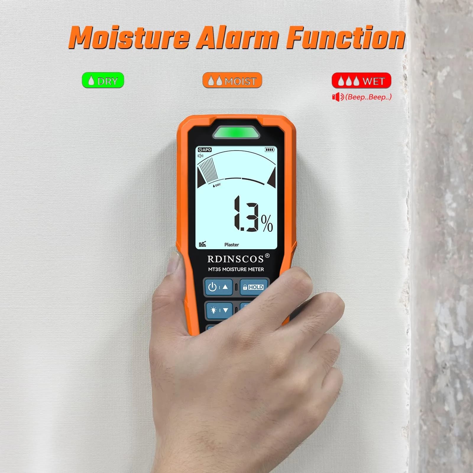 RDINSCOS Pinless Moisture Meter - Bright Orange, 19mm Deep Detection, 6 Modes for Walls & Floors - view 4